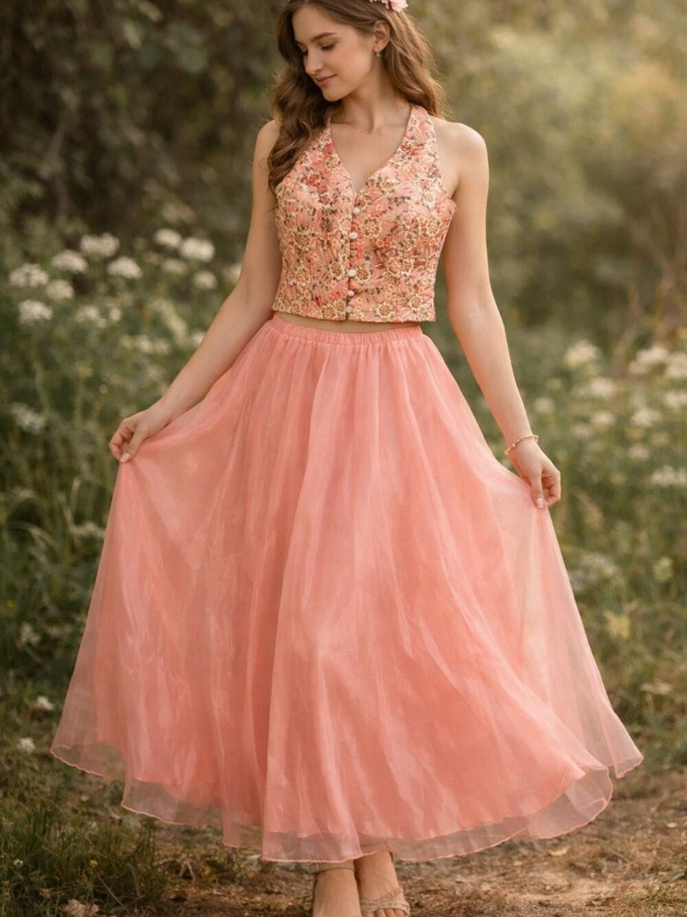 Vtg Handmade Fairycore Prom Dress Set S Embroidered Vest Sheer Pink Maxi Skirt